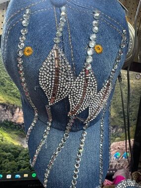 Rhinestone Denim Baseball Cap - Blue